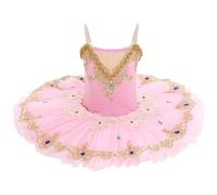 IDOPIP Enfant Fille Costumes de Ballet Danse Tutu Robe Perles Strass Fleurs Broderie Dentelle Cygne Col en V Fines Bretelles Rose 110