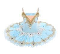 IDOPIP Enfant Fille Costumes de Ballet Danse Tutu Robe Perles Strass Fleurs Broderie Dentelle Cygne Col en V Fines Bretelles Bleu 140
