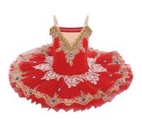 IDOPIP Enfant Fille Costumes de Ballet Danse Tutu Robe Perles Strass Fleurs Broderie Dentelle Cygne Col en V Fines Bretelles Rouge 150