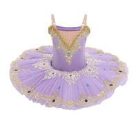 IDOPIP Enfant Fille Costumes de Ballet Danse Tutu Robe Perles Strass Fleurs Broderie Dentelle Cygne Col en V Fines Bretelles Violet 150