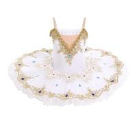 IDOPIP Enfant Fille Costumes de Ballet Danse Tutu Robe Perles Strass Fleurs Broderie Dentelle Cygne Col en V Fines Bretelles Blanc 140