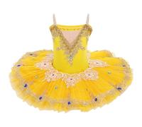 IDOPIP Enfant Fille Costumes de Ballet Danse Tutu Robe Perles Strass Fleurs Broderie Dentelle Cygne Col en V Fines Bretelles Jaune 120