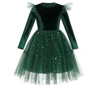 IDOPIP Enfant Fille Robe à Manches Longues en Velours Automne Hiver Étoiles Scintillantes en Tulle A - Type Volants Fête d'anniversaire Soirée Princesse Robe Vert 5-6Y