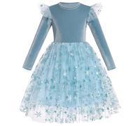 IDOPIP Enfant Fille Robe à Manches Longues en Velours Automne Hiver Étoiles Scintillantes en Tulle A - Type Volants Fête d'anniversaire Soirée Princesse Robe Bleu 5-6Y