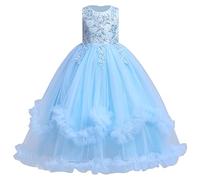 IDOPIP Enfants Filles sans Manches Dentelle Broderie Mariage Demoiselle d'honneur Princesse Couches Tulle Robes de fête soirée Bal Robe de Bal Bleu 7-8 Ans