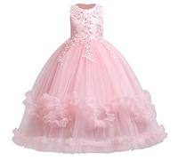 IDOPIP Enfants Filles sans Manches Dentelle Broderie Mariage Demoiselle d'honneur Princesse Couches Tulle Robes de fête soirée Bal Robe de Bal Rose 6-7 Ans