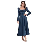 IDOPIP Femmes Manches Longues Vintage Satin Robe Corsage Col Carr Robe Longue A - Ligne Lacets Manches Bulles Robe de Marie Robe de Soire Bleu XL