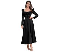 IDOPIP Femmes Manches Longues Vintage Satin Robe Corsage Col Carr Robe Longue A - Ligne Lacets Manches Bulles Robe de Marie Robe de Soire Noir 2XL