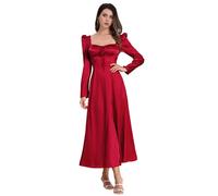 IDOPIP Femmes Manches Longues Vintage Satin Robe Corsage Col Carré Longue A-Ligne Lacets Manches à Bulles de Mariée Soirée Rouge M