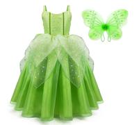 IDOPIP Filles Fée Clochette Costume Fée Princesse Robe avec Papillon Ailes De Fée Pour Halloween Cosplay Carnaval Fêt D'anniversaire Vert 2-3 Ans