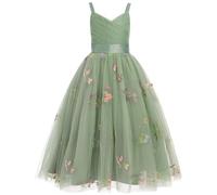 IDOPIP La Fille des Fleurs Princesse Robe Longue Plissée Mariage Demoiselle d'honneur Robe De Bal Broderie Fleur Dentelle élégante Col en V Green 130