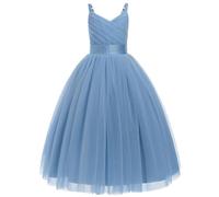 IDOPIP La Fille des Fleurs Princesse Robe Longue Plissée Mariage Demoiselle d'honneur Robe De Bal Broderie Fleur Dentelle élégante Col en V Blue Grey 120