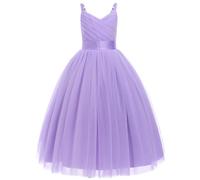 IDOPIP La Fille des Fleurs Princesse Robe Longue Plissée Mariage Demoiselle d'honneur Robe De Bal Broderie Fleur Dentelle élégante Col en V Light Purple 160