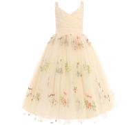 IDOPIP La Fille des Fleurs Princesse Robe Longue Plissée Mariage Demoiselle d'honneur Robe De Bal Broderie Fleur Dentelle élégante Col en V Beige Yellow 170
