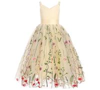 IDOPIP La Fille des Fleurs Princesse Robe Longue Plissée Mariage Demoiselle d'honneur Robe De Bal Broderie Fleur Dentelle élégante Col en V Beige 120