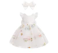 IDOPIP Manches Volantes Enfant Fille Robe Bébé Fille Ligne A Tulle Tutu Robe avec Tête De Soirée Robe de Mariée Robes De Fête Sequins étoiles Fraises Broderie De Fleurs Blanc 6-9M