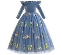 IDOPIP Robe Automne Hiver Fille Bleu Fleurs Brodées Manches Longues Tulle Princess Robe de Fête Anniversaire Bal Officiel 7-8 ans
