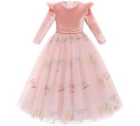 IDOPIP Robe Automne Hiver Fille Rose 9-10 ans Velours Manches Longues Brodée Princesse Tulle Robe Fête Anniversaire Bal Officiel Noёl