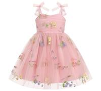 IDOPIP Robe Bébé Enfant Fille l'été Noeud D'étrave Bretelles Fines Tulle Le plissé Broderie Florale 3D Fleurs Sequins étoiles Points Colorés Fête d'anniversaire Vacances Princesse Rose pâle 12-18M
