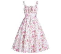 IDOPIP Robe Corset Fille été Imprimé Floral Bretelles Ajustables Col Carré Noeud Devant Dos élastiqué Volants A-Line Mi-Longue pour Voyage Vacances Anniversaire Fête Blanc rosé 11-12Y