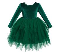 IDOPIP Robe de Velours Enfant Filles Manches Longues Automne Hiver Robe Irrégulière en Tulle Bow Asymétrique Mesh Ourlet Col Rond Vert 2-3y