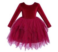 IDOPIP Robe de Velours Enfant Filles Manches Longues Automne Hiver Robe Irrégulière en Tulle Bow Asymétrique Mesh Ourlet Col Rond Rouge 5-6y