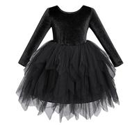 IDOPIP Robe de Velours Enfant Filles Manches Longues Automne Hiver Robe Irrégulière en Tulle Bow Asymétrique Mesh Ourlet Col Rond Noir 4-5y