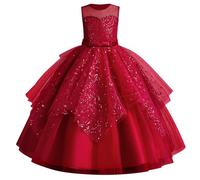 IDOPIP Robe Enfant Fille Mariage Dentelle Tulle sans Manches Broderie Perles Bow Demoiselle d'honneur Anniversaire Partie Princesse Longue Robe De Bal Soirée Rouge 150