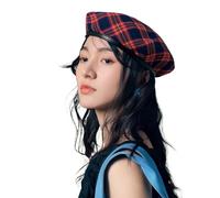 Idopy Béret en coton à carreaux écossais - Bonnet français - Bandeau en cuir, bleu marine, Taille unique