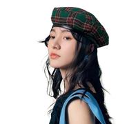 Idopy Béret en coton à carreaux écossais - Bonnet français - Bandeau en cuir, Vert, Taille unique