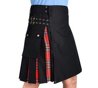 Idopy Jupe plissée hybride écossaise avec poches cargo et sangles en cuir réglables pour homme, Rouge à carreaux, M