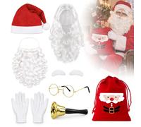 Idota Costume de Père Noël pour adulte - Un déguisement authentique | Ensemble de 8 pièces comprenant barbe, perruque, bonnet, gants, lunettes, cloche, sourcils et sac cadeau de Noël
