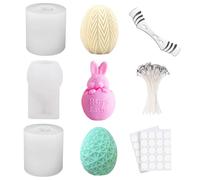 Idota Lot de 3 moules en silicone pour œufs de Pâques 3D - Avec 50 mèches de bougie, 1 support de mèche et 50 autocollants - Moules pour faire soi-même des bougies - Pour décoration de table de
