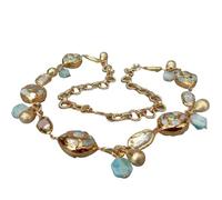 IDUTQUMW Perle Biwa blanche de culture naturelle, puces de larimar bleues naturelles, pavé de perles, chaîne plaquée or, Long collier 30 pouces