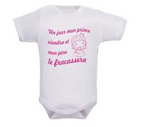 IDYLEA Body bébé fille Un jour mon prince viendra et mon père le fracassera - Manches longues ou courtes - Coton certifié Oeko-Tex