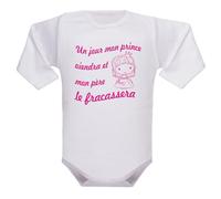 IDYLEA Body bébé fille Un jour mon prince viendra et mon père le fracassera - Manches longues ou courtes - Coton certifié Oeko-Tex