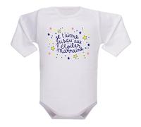 IDYLEA Body bébé - Je t’aime jusqu’aux étoiles (au choix : Papa, Maman, Papi, Mamie, Parrain ou Marraine) - Cadeau tendre en coton Oeko-Tex - Blanc manches courtes ou longues