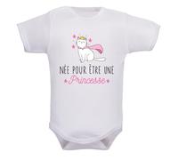 IDYLEA Body bébé Née pour être une Princesse - Chat couronné rose - 100% coton certifié Oeko-Tex - Cadeau naissance fille