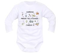 IDYLEA Body bébé Tatie prends tes vitamines j’arrive - Cadeau annonce grossesse original - 100% coton Oeko-Tex - Manches courtes ou longues - Marquage français - Plusieurs versions disponibles