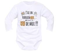 IDYLEA Body naissance il est fou... fou de moi » - Cadeau bébé Noël - Cadeau nouveau-né mixte - - 18-24 mois, PARRAIN - MANCHES LONGUES