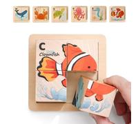 IEATFO Puzzle en bois animal de l'océan - Puzzle cube en bois à 4 blocs avec plateau de rangement - Jeu assorti de formes 6 en 1 avec baleine, tortue, crabe, pieuvre, hippocampe et poisson-clown