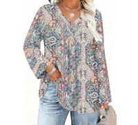 IECCP Chemisier à manches 3/4 roulées et col en V pour femme - Grande taille - Décontracté - Tendance - Manches longues - Tunique ample (1X-5X), Bohemia, XL