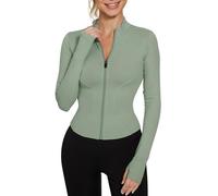 IECCP T-shirt de sport à manches longues respirant pour femme, avec fermeture éclair partielle et passe-pouces, haut court de fitness, d’entraînement, de yoga et de course à pied, Vert, XS