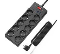 IECOPOWER multiprise 10 prises, 2 USB-C et 2 USB-A ports, interrupteur, 4000W/16A, 1050 J, parafoudre, câble d'extension 5 m, noir