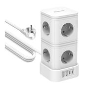 IECOPOWER Tour Multiprise avec Interrupteur,PD20W USB multiprise(2 USB-C Ports et 2 USB-A Ports),Multiprise parafoudre,4000W/16A,1050 J, rallonge Electrique de 2 m, Blanc