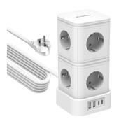 IECOPOWER Tour Multiprise avec Interrupteur,PD20W USB multiprise(2 USB-C Ports et 2 USB-A Ports),Multiprise parafoudre,4000W/16A,1050 J, rallonge Electrique 5m, Blanc