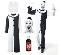 IEEILULU Costume Clown Tueur, Deguisement Clown Horreur Homme, Halloween Costume Terrifier Art the Clown Homme avec Combinaison Noire Blanche et Chapeau de Clown Masque pour Halloween Carnaval (S)