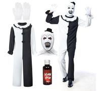 IEEILULU Costume Clown Tueur, Deguisement Clown Horreur Homme, Halloween Costume Terrifier Art the Clown Homme avec Combinaison Noire Blanche et Chapeau de Clown Masque pour Halloween Carnaval (2XL)