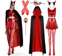 IEEILULU Costume de Diable pour Femme, Déguisement Diable Femme Avec une Fourchette Démoniaque, Un Serre-Tête, Un Bandeau, des Gants, Ensemble de Cape de Diable pour Carnaval, Halloween, Cosplay (L)