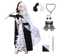 IEEILULU Deguisement Dalmatien Enfant, Costume Halloween Cruella, Cruella Deville Cosplay Costume, Dalmatiens Robe à Pois pour Halloween Carnaval Mardi Gras Cosplay (Style Cape 150)